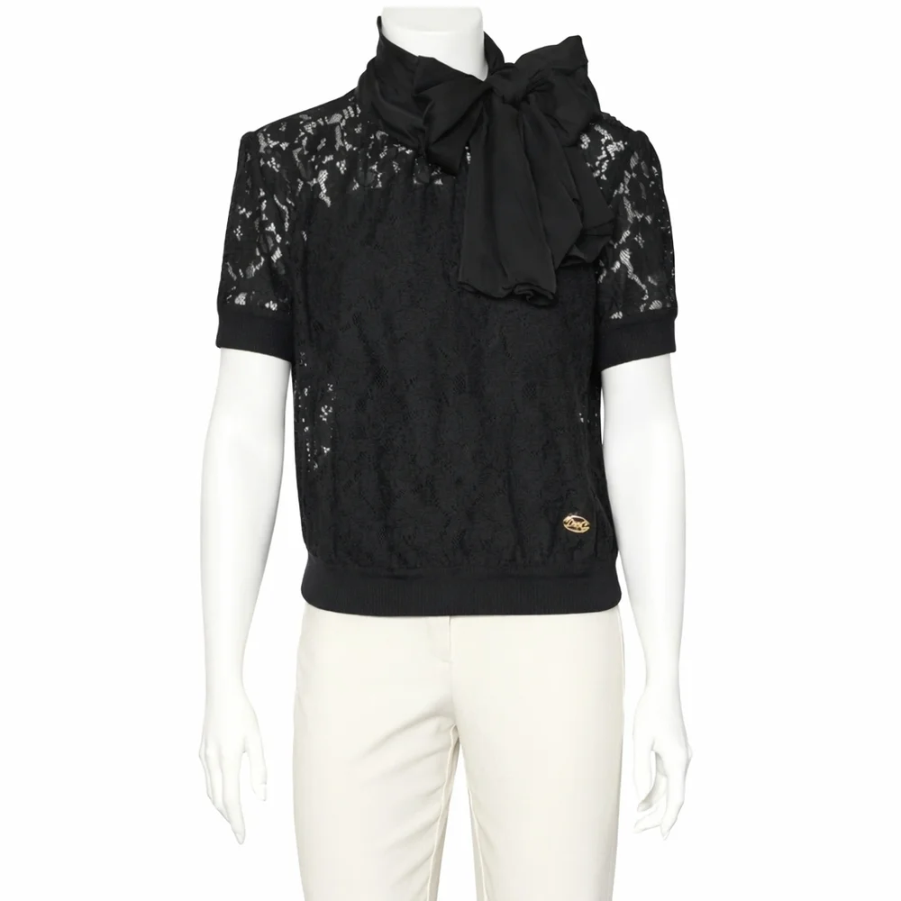 DOLCE & GABBANA Lace Blouse Bow Scarf Collar Tie Neck Black Short Sleeve Crop 44 - Picture 2 of 9